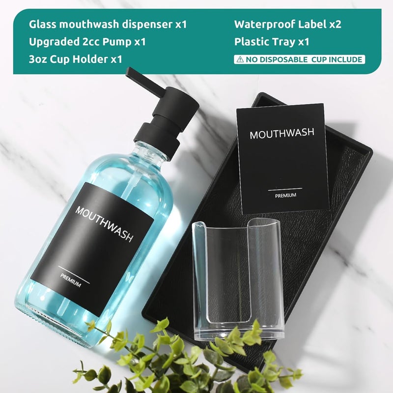 TOLDATLI Mouthwash Dispenser for Bathroom, Glass Mouth Wash Pump Dispenser with Cup Holder, 17 Fl Oz Mouthwash Bottle Decanter with Tray, Refillable Mouthwash Dispenser Container - Image 5